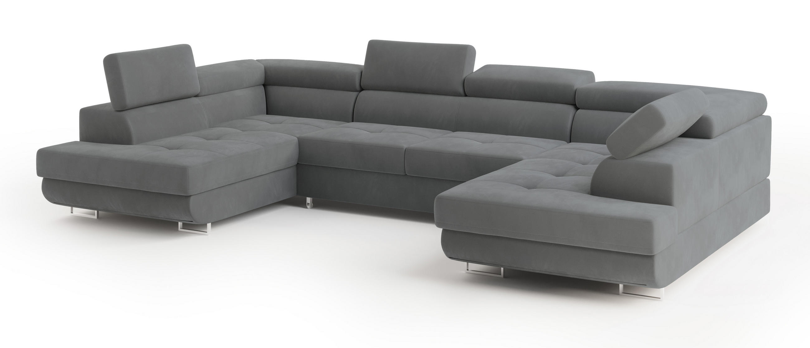 WOHNLANDSCHAFT RAGGIO Grau Velours-Stoff mit Schlaffunktion - Grau, Holz (336/90/202cm) - MASSENO