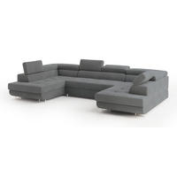 WOHNLANDSCHAFT RAGGIO Grau Velours-Stoff mit Schlaffunktion - Grau, Holz (336/90/202cm) - MASSENO