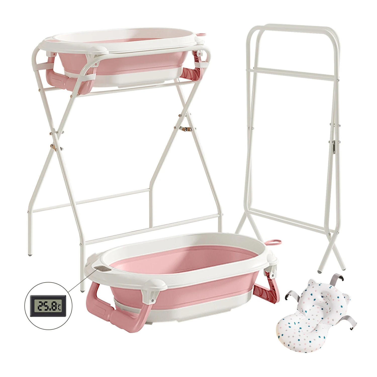 BABYBADEWANNE 3-in-1 mit Ständer, faltbare, Thermometer und Badekissen, Rosa - Pink, Kunststoff (72/41cm) - Kaket