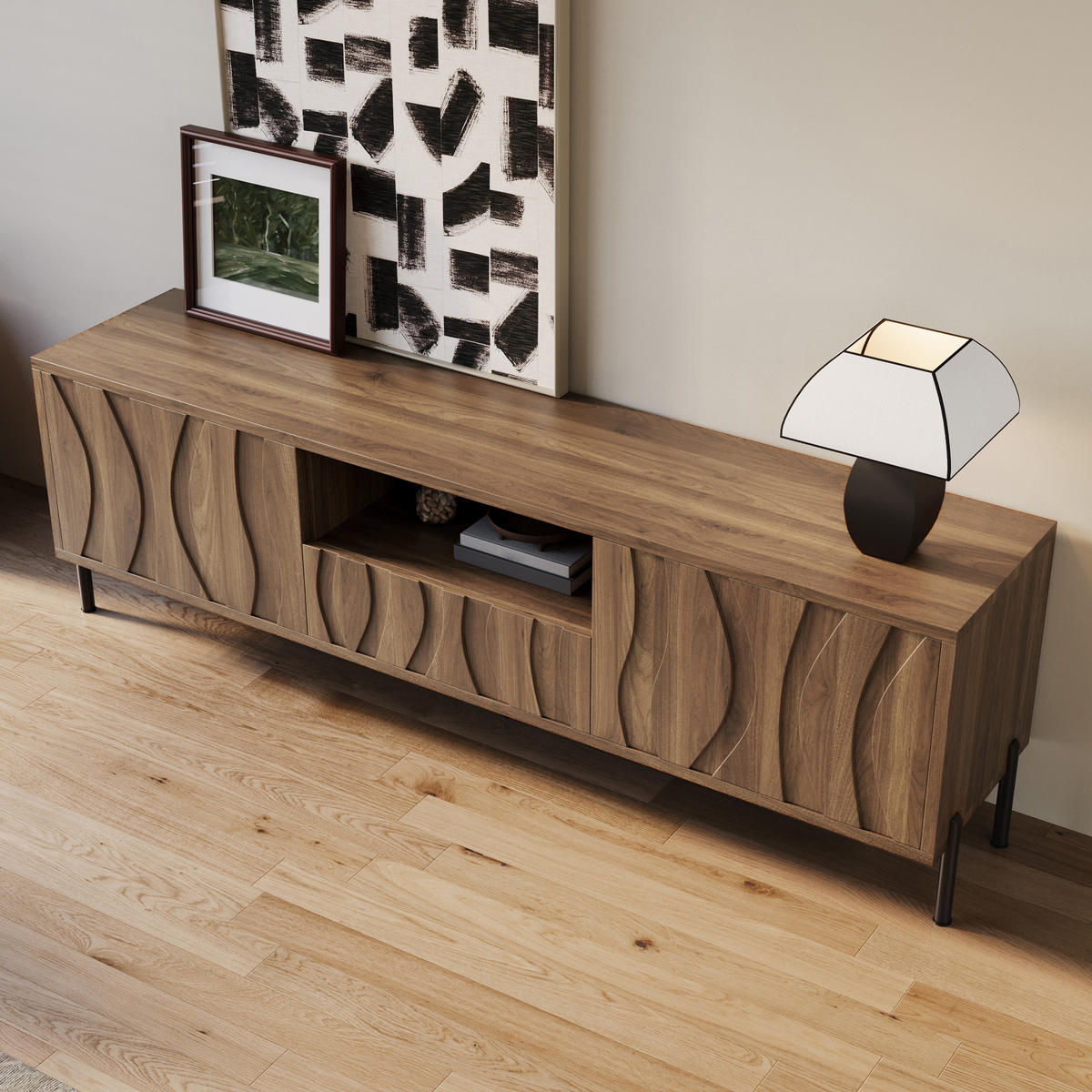 TV-SCHRANK aus MDF 160x35x46 cm Natur mit Kabeldurchführung und Stauraum, wellenförmiges Türdesign - Naturfarben, Holzwerkstoff (160/46/35cm) - Modfu