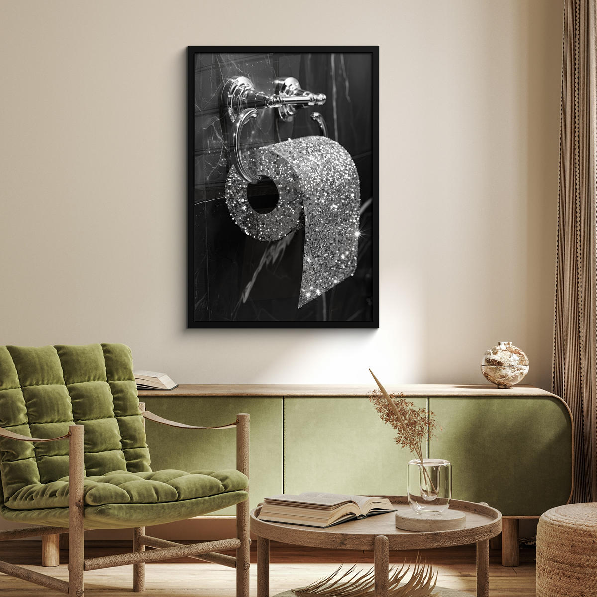 ZARÁMOVANÝ PLAGÁT WC - toaletný papier - čiernobiely - trblietky 60x90 cm - strieborná, papier (60/90cm) - MuchoWow