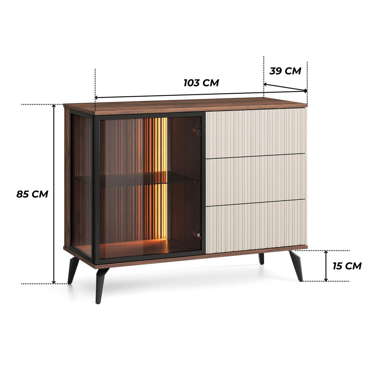 SIDEBOARD YUKO KSZ103 103 cm (Warmia Nussbaum, Kaschmir, Glas, 3 Schubladen, LED) - Kaschmir/Walnussfarben, Glas/Holz (103/80/39cm) - Ravio