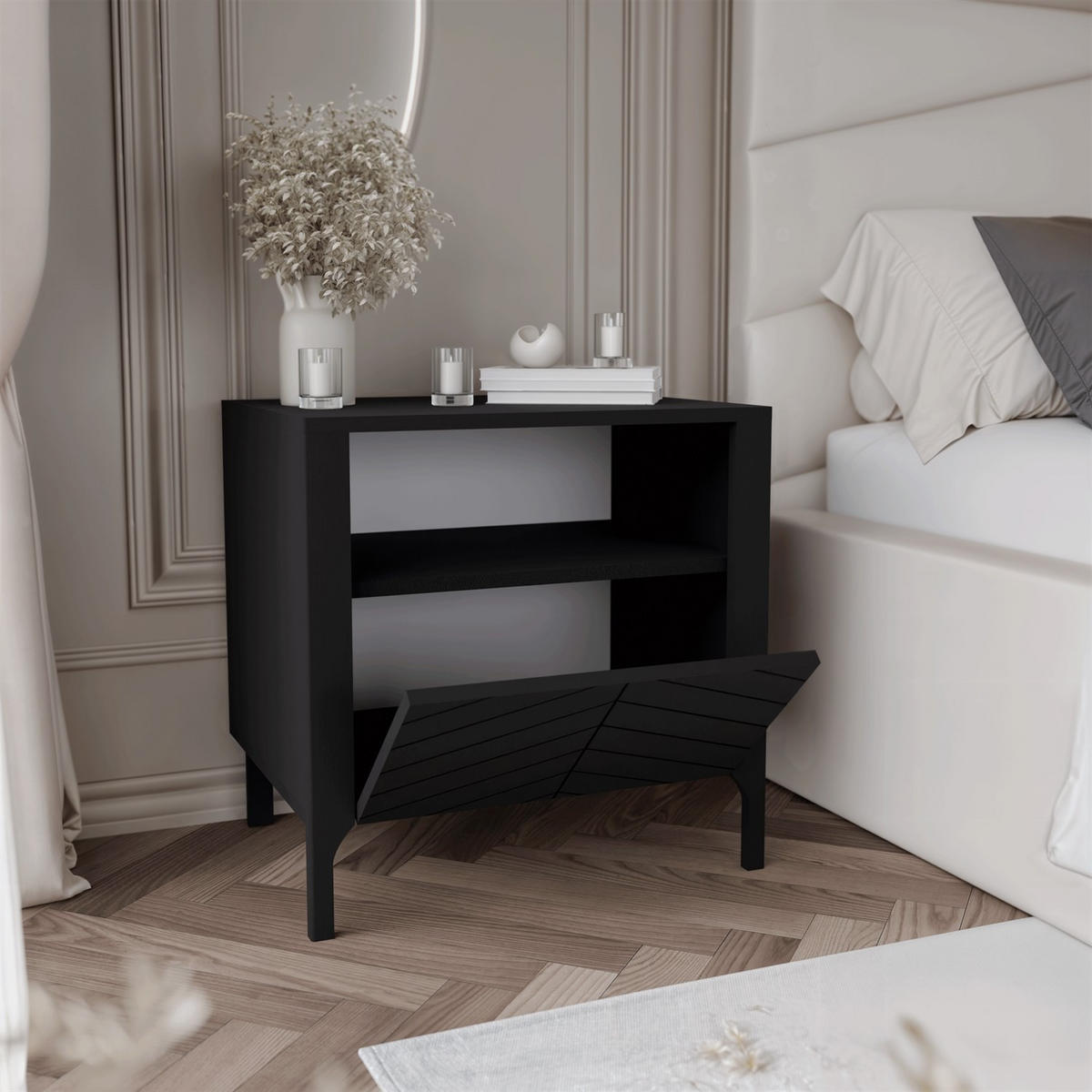 NACHTTISCH LUMI, Schwarz - Schwarz, Holzwerkstoff (54/57/41cm) - Lookway