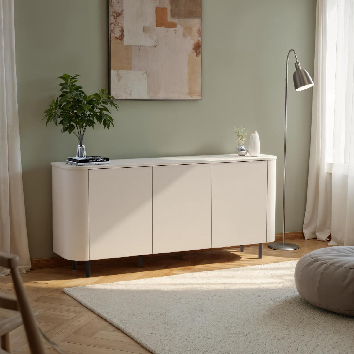 SIDEBOARD 3?türig abgerundete Kanten Kaschmir 180,2/42/82,3 cm - Beige, Holzwerkstoff (42/82.3/180.2cm) - Calicosy