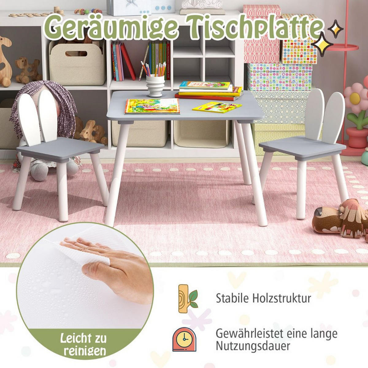 KINDERTISCH mit 2 Stühlen grau(3-tlg) - Grau, Holzwerkstoff (62/43/62cm) - COSTWAY