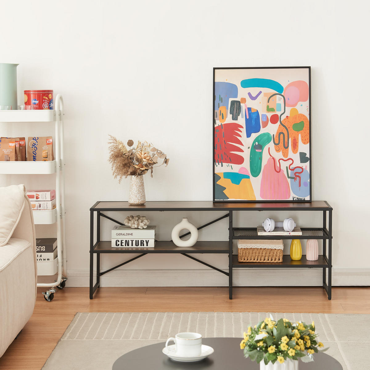 TV-ELEMENT Västiarharg - Walnussfarben/Schwarz, Holzwerkstoff/Metall (120/46/30cm) - [en.casa]