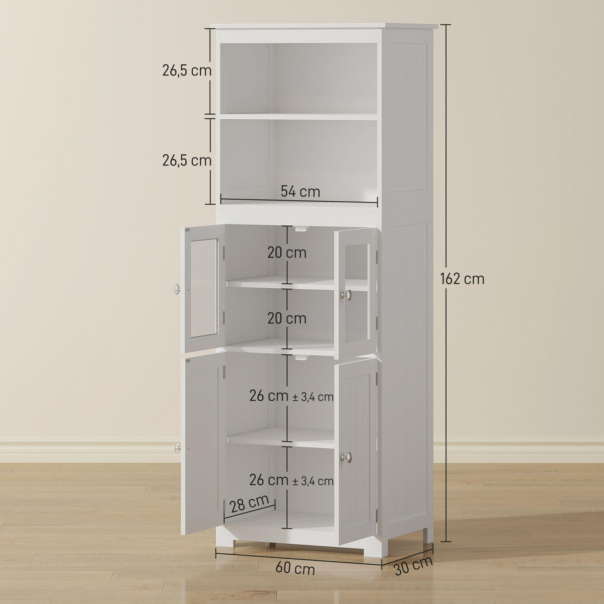 HIGHBOARD DE-11015 2 Nischen & 2 Glastüren mit verstellbaren Böden Weiß - Weiß, Holzwerkstoff (30/162/60cm) - ComfortXL