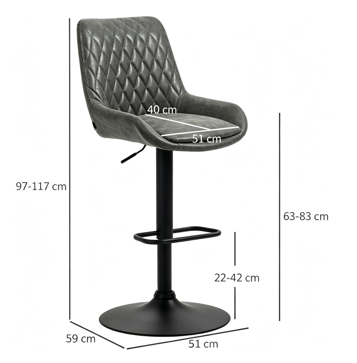 BARHOCKER DE-35965 2er Set mit Kunstlederbezug Dunkelgrau - Dunkelgrau, Metall (59/117/51cm) - ComfortXL
