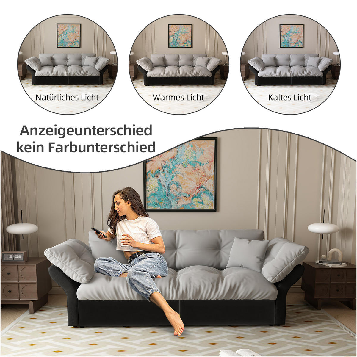 SCHLAFSOFA 190/85/91 cm Hellgrau Samt mit Tufting und 2 weichen Kissen - Hellgrau, Textil (190/91/85cm) - Oxeza