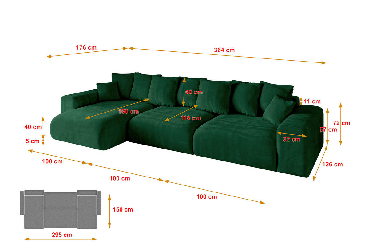 ECKSOFA Ottomane links ESKAR-L2 364x176x72 Dunkelgrün Cord - Dunkelgrün/Schwarz, Holzwerkstoff/Kunststoff (364/176cm) - ALTDECOR