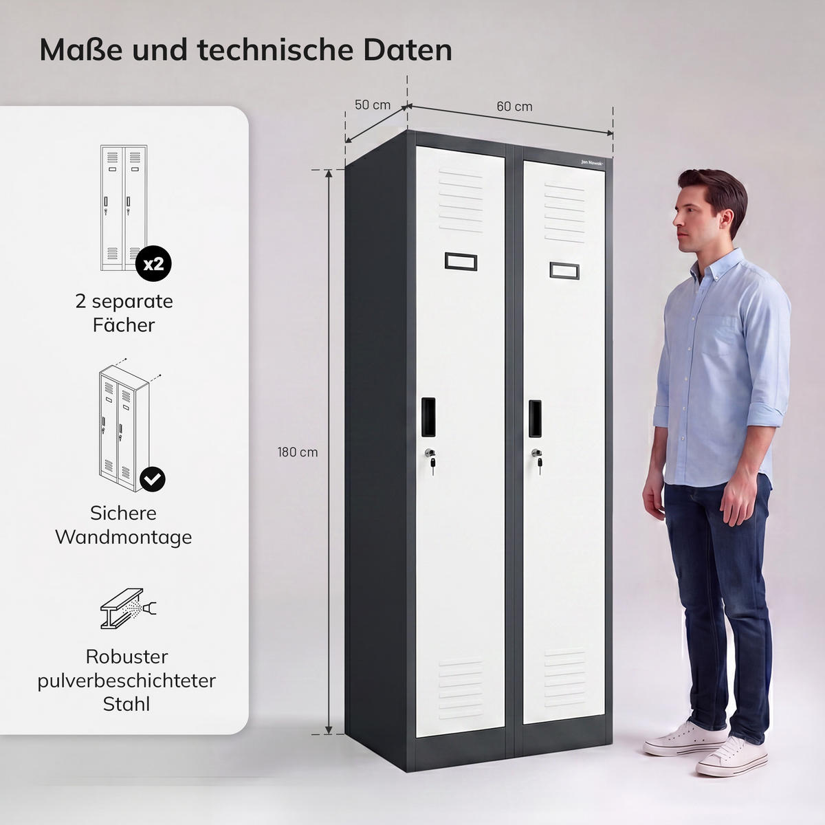 ZWEIFACH-PERSONALSCHRANK KACPER II 180x60x50 cm - Anthrazit/Weiß, Metall (60/180/50cm) - Jan Nowak