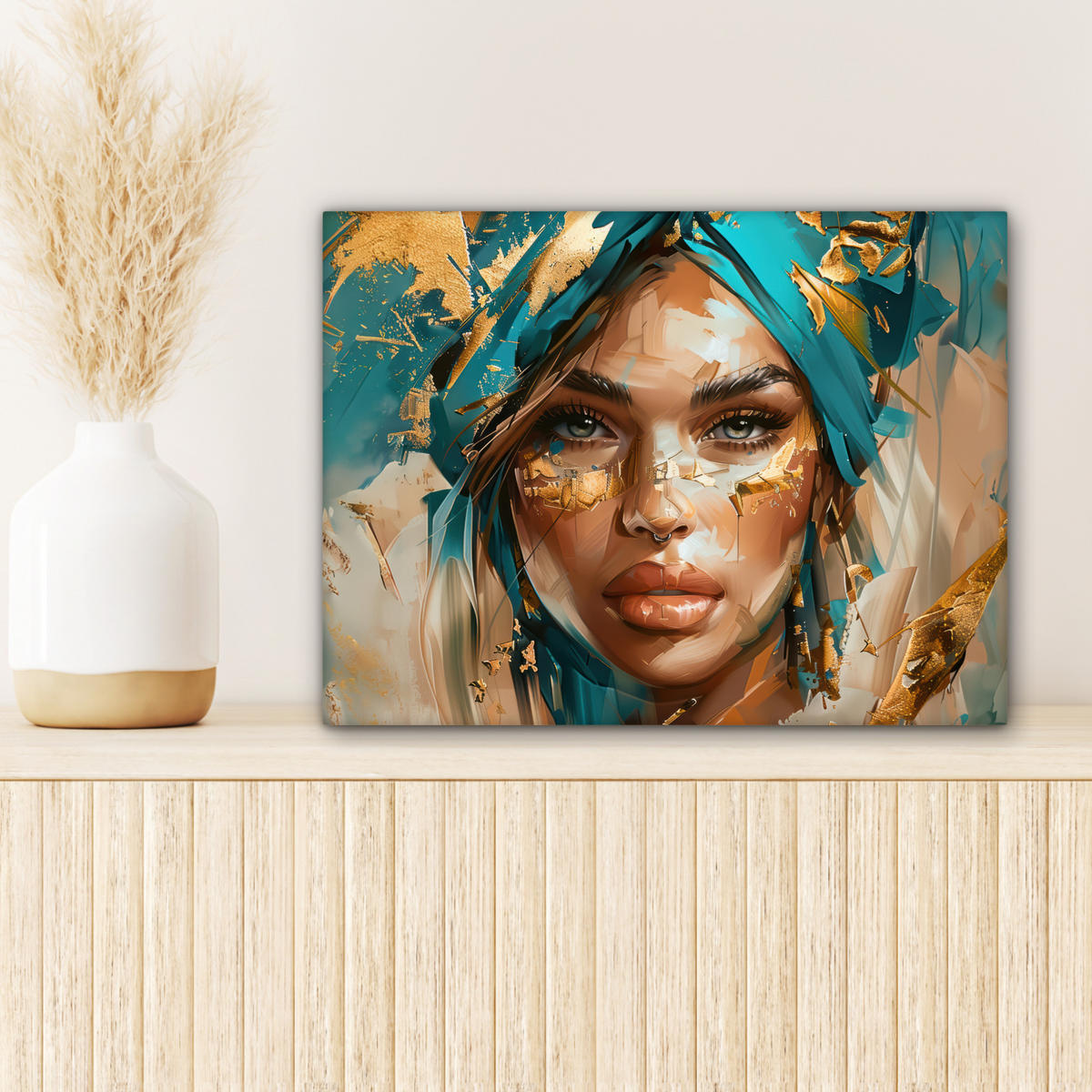 LEINWANDBILD - Frau - Porträt - Gold - Luxus - Blau - 40x30 - Wanddeko - Türkis, Textil (40/30cm) - MuchoWow