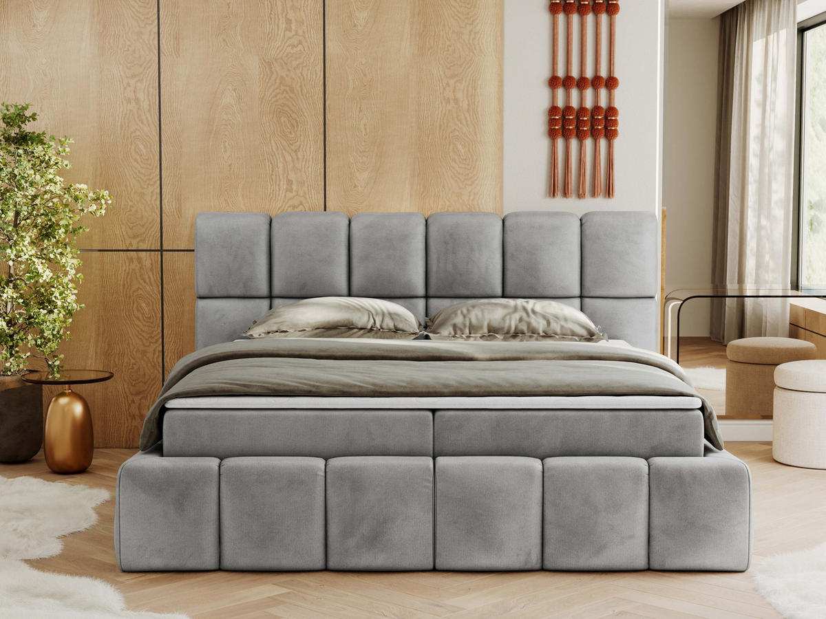 BOXBETT NIRA 200/200 - Hellgrau Velvet - H3 - Hellgrau, Holz/Textil (200/200cm) - MKS