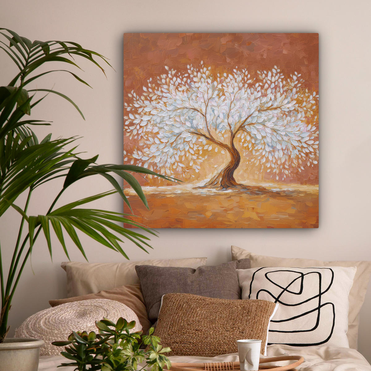 LEINWANDBILD Abstrakt - Baum - Weiß - Blätter Deko Groß 90x90 cm - Braun, Textil (90/90cm) - MuchoWow