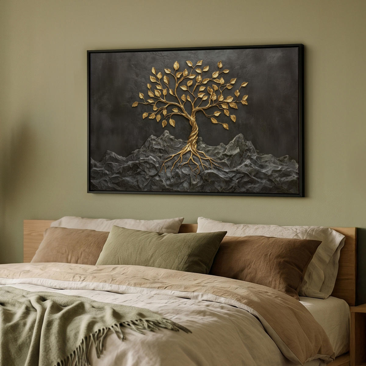 LEINWAND Bilder mit Rahmen - Blätter - Gold - Baum - Fels - 90x60 - Schwarz, Textil (90/60cm) - MuchoWow