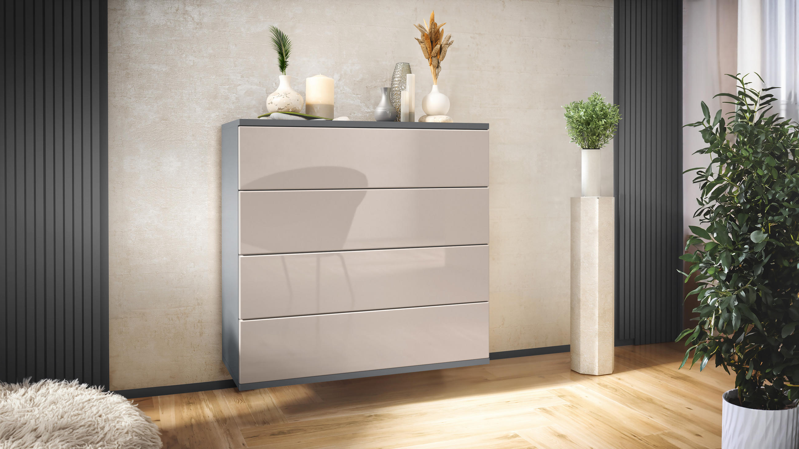 KOMMODE Pavos Sandgrau Hochglanz - Sandfarben, Holzwerkstoff (76/76/35cm) - Vladon