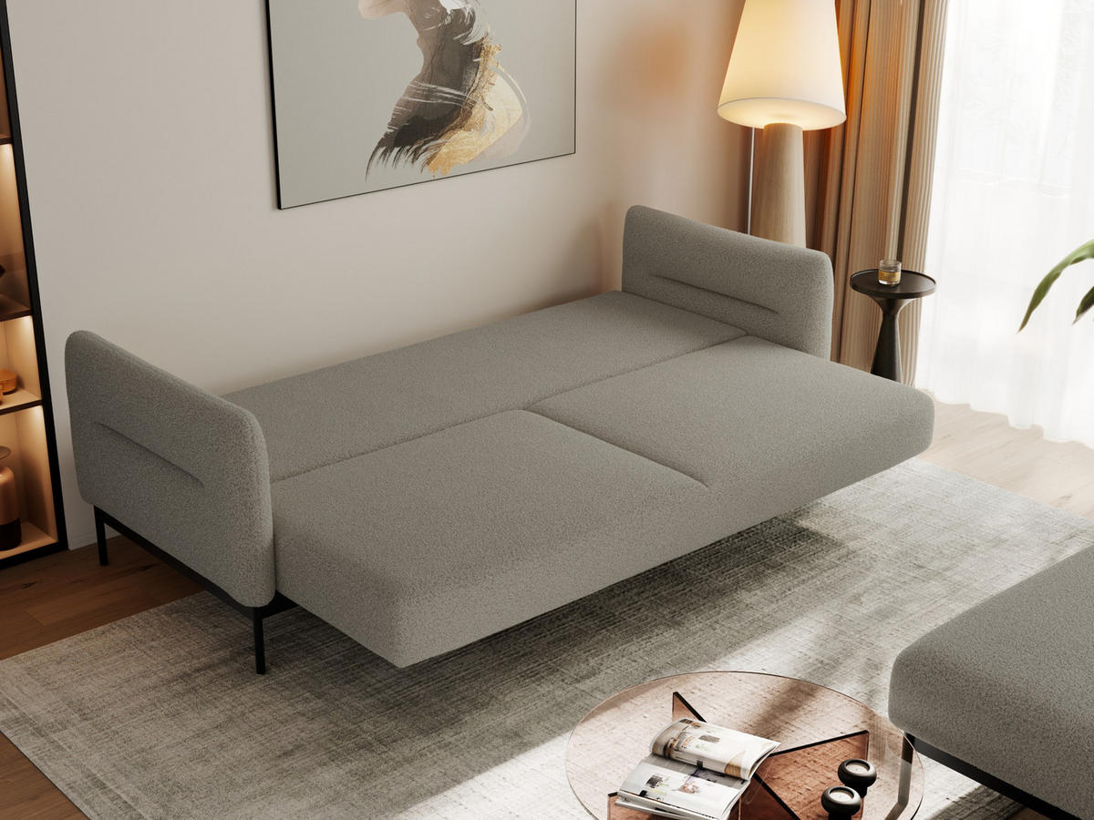 SCHLAFSOFA SALENTO Hellgrau Boucle - Hellgrau/Schwarz, Textil/Metall (221/82/193cm) - MKS