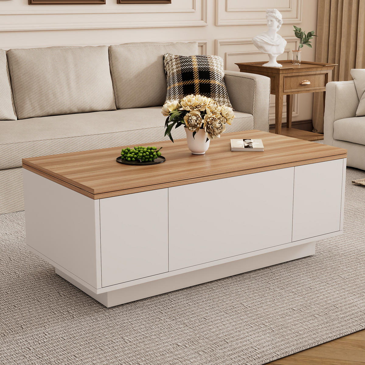 COUCHTISCH aus Spanplatte 100x50x55,5 cm in Weiß mit 2 Hebeplatten - Weiß, Holzwerkstoff (100/50/55.5cm) - Modfu