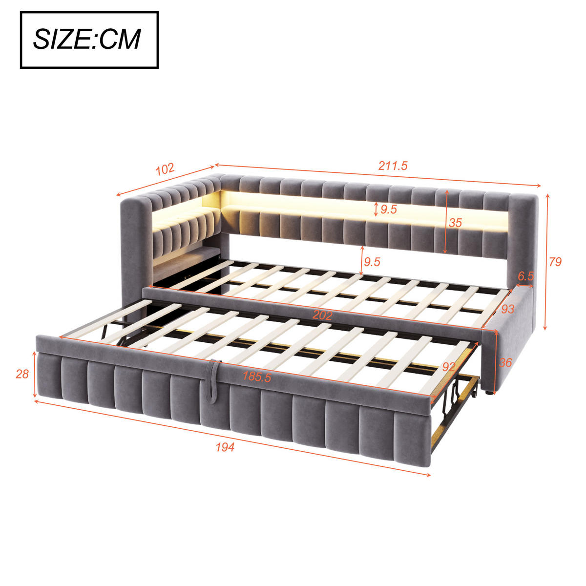 SCHLAFSOFA 90/200 cm & 90/190 cm in Dunkelgrau Samt mit Ausziehbett, LED und USB - Grau, Holzwerkstoff/Textil (90/200cm) - WISHDOR