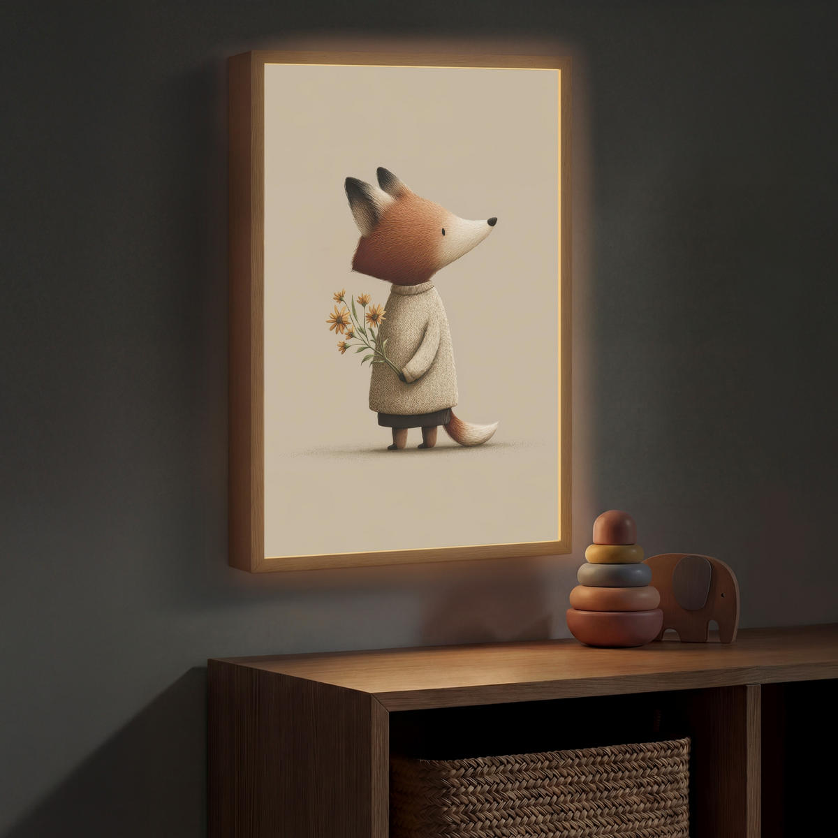 NÁSTĚNNÁ LAMPA S AKUMULÁTOREM Liška - Žluté květy - Minimalistický 40x60 cm - šedohnědá, kompozitní dřevo (40/60/8cm) - OnlyWow