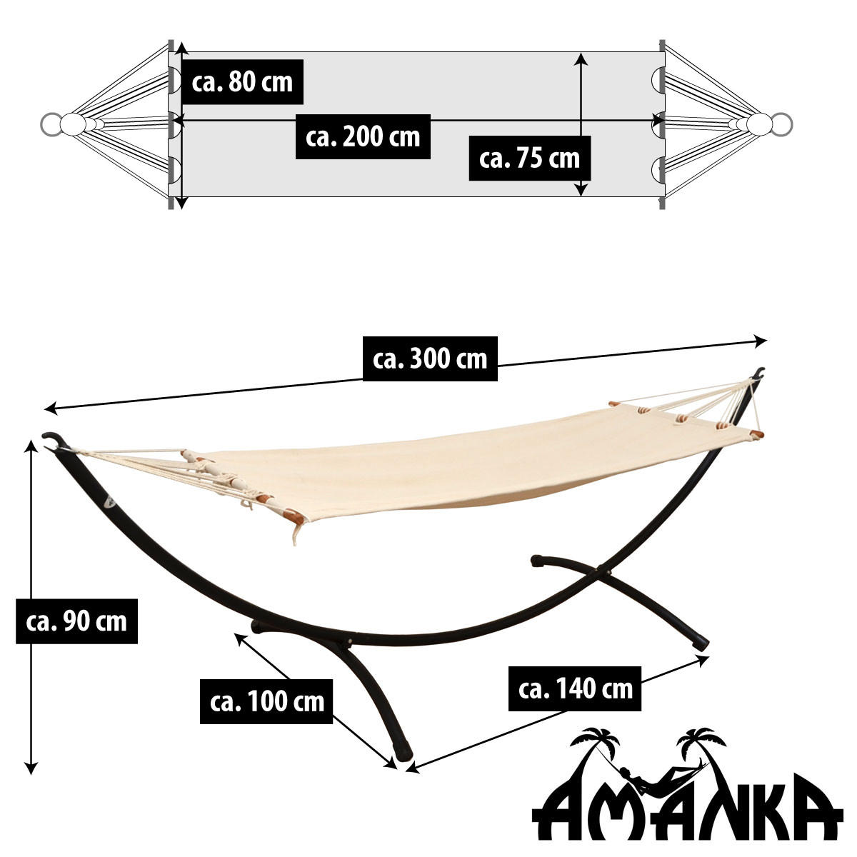 HÄNGEMATTE mit Gestell, 300/100cm, beige - Beige, Metall (100/90/300cm) - Amanka