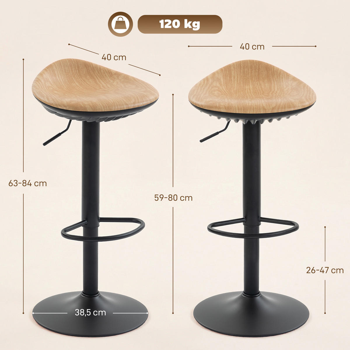 BARHOCKER 2er-Set DE-14811 höhenverstellbar & schwenkbar Eiche - Eichefarben, Metall (40/84/40cm) - ComfortXL