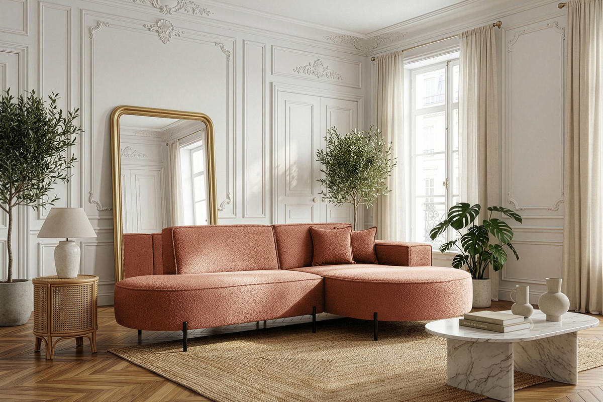 ECKSOFA Hana Loft 3-Sitzer Ecke Rechts, Boucle, Terra 241/80/168 cm - Terracotta/Schwarz, Textil/Metall (241/168cm) - WFL GROUP