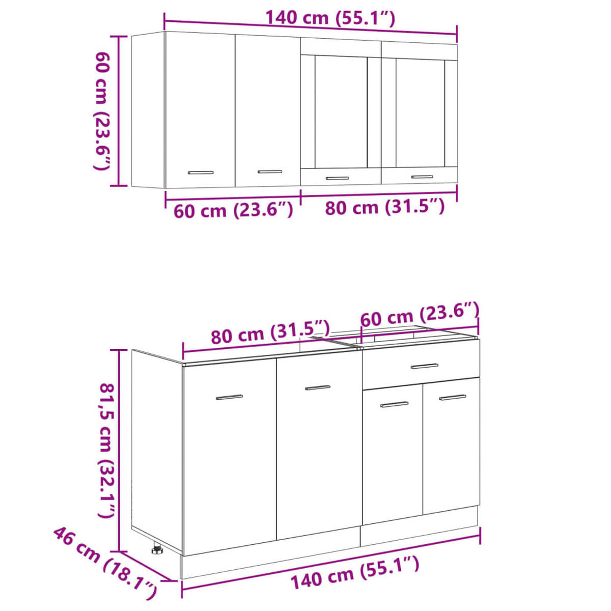 KÜCHENSCHRANK-SET 4Er Set Lyon Sonoma-Eiche Holzwerkstoff - Braun, Holzwerkstoff (80/81.5/46cm) - vidaXL