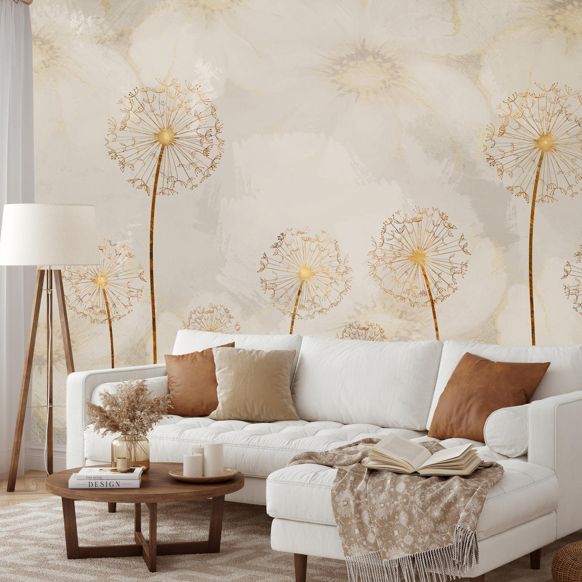 FOTOTAPETE für Schlafzimmer Goldene Löwenzahn Aquarell Blumen 450x315 - Gelb/Beige, Papier (450/315cm) - Muralo