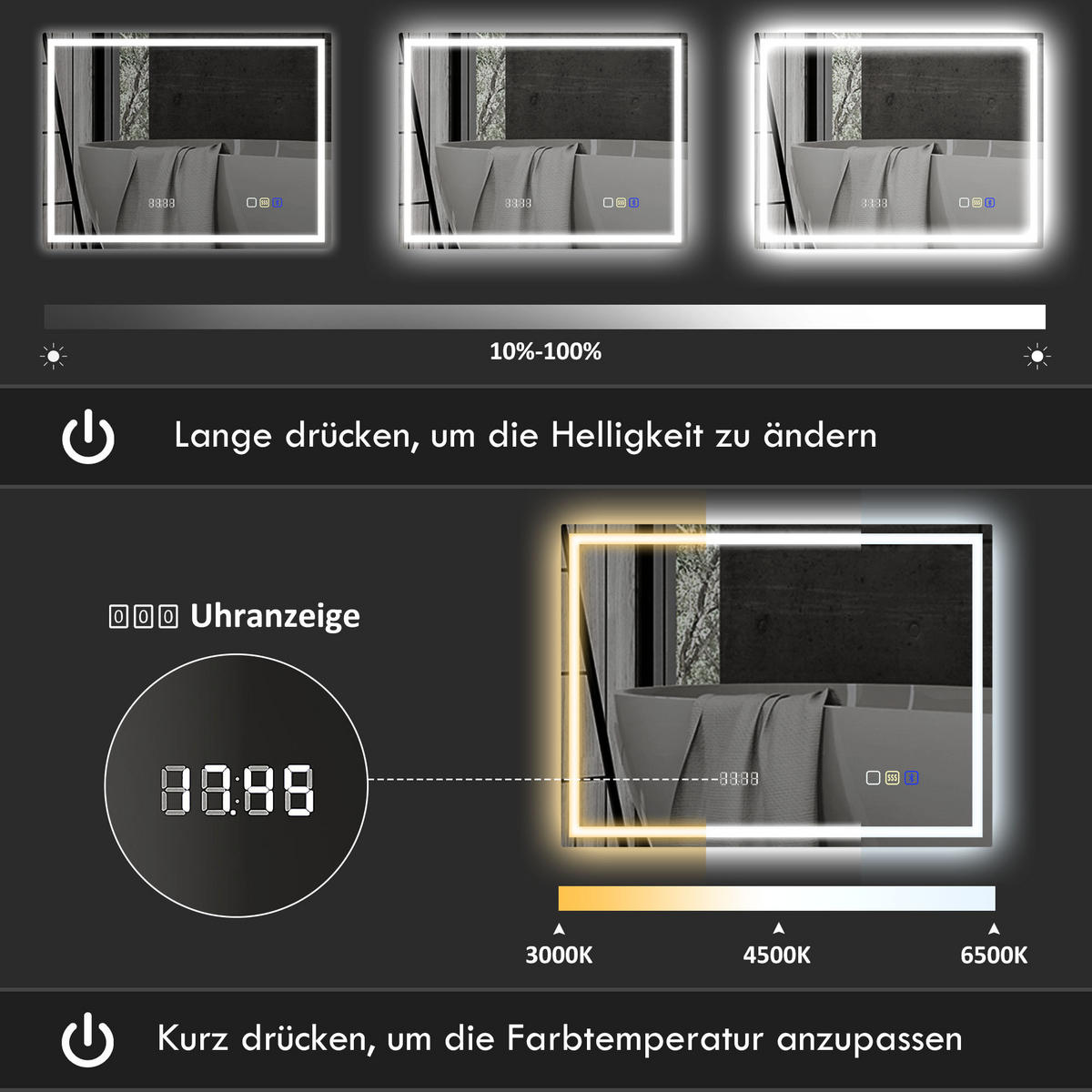 BADEZIMMERSPIEGEL mit LED-Beleuchtung, Anti-Beschlags-Pad, 3 Lichtfarben, Uhr - Silberfarben, Glas (80/3.5/100cm) - HOMCOM
