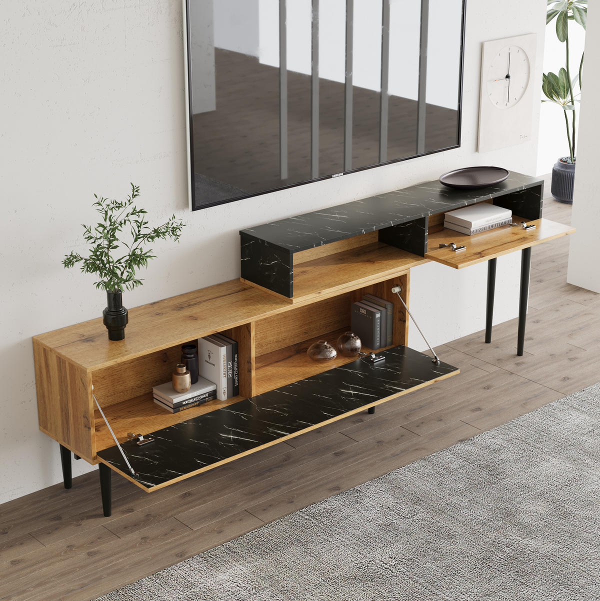 TV-BOARD aus MDF und Spanplatte 240x22x58 cm Naturholz in Marmor- und Holzoptik mit viel Stauraum und PVC-Kante - Naturfarben, Holzwerkstoff (240/58/22cm) - Modfu