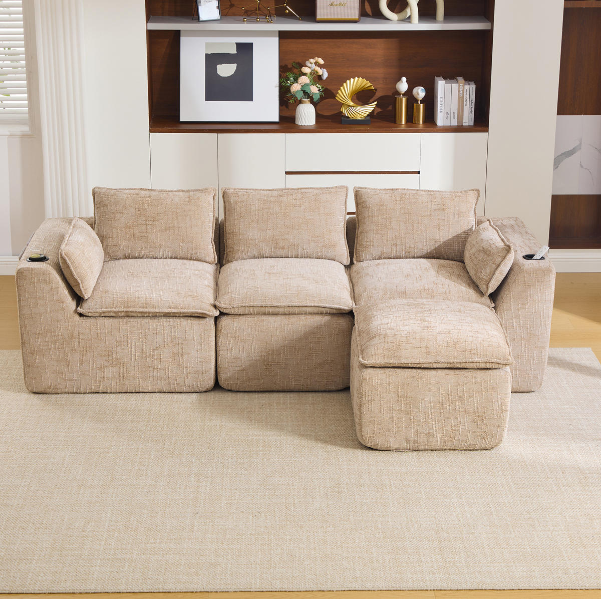 ECKSOFA 256/161/75 cm khaki aus Chenille mit Seitentaschen, Kissen und Federkern - Sandfarben, Textil (161/256cm) - OKWISH
