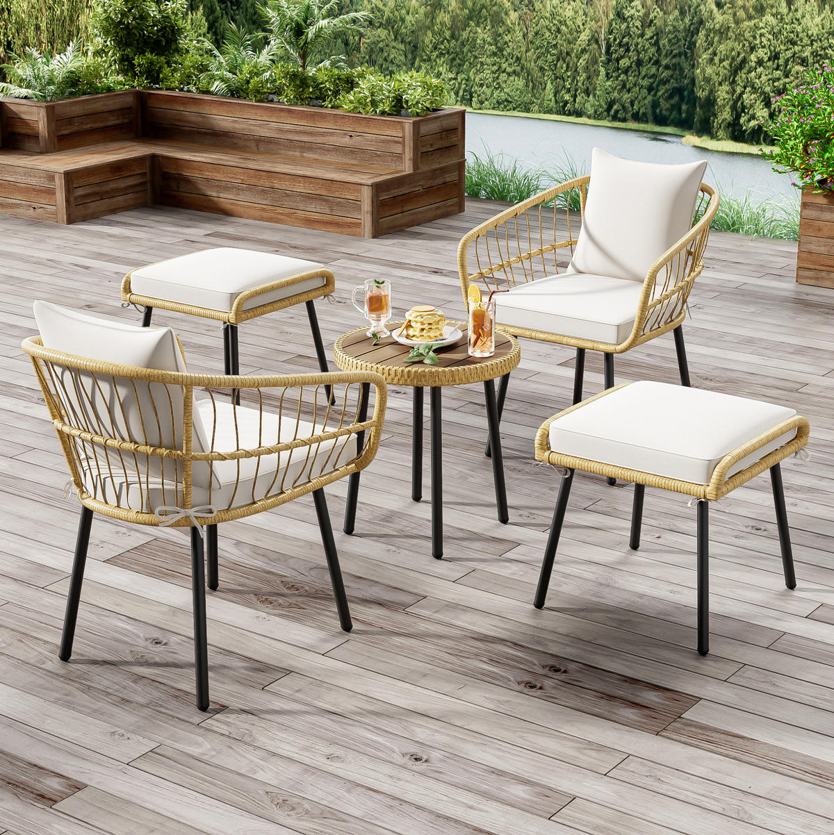 GARTEN-LOUNGE-SET 5-teilig mit Tisch, 2 Stühlen, 2 Hockern und Sitzkissen, Weiß/Natur - Naturfarben, Metall - Redom