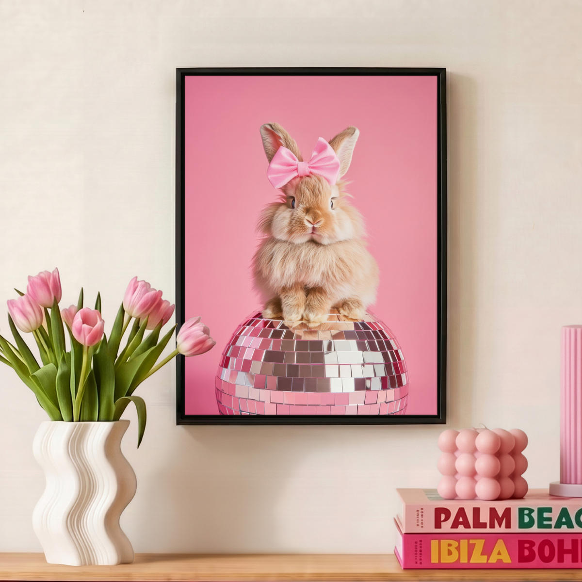 LEINWAND Bilder mit Rahmen - Schleife - Discoball - Kaninchen - 30x40 - Pink, Textil (30/40cm) - MuchoWow