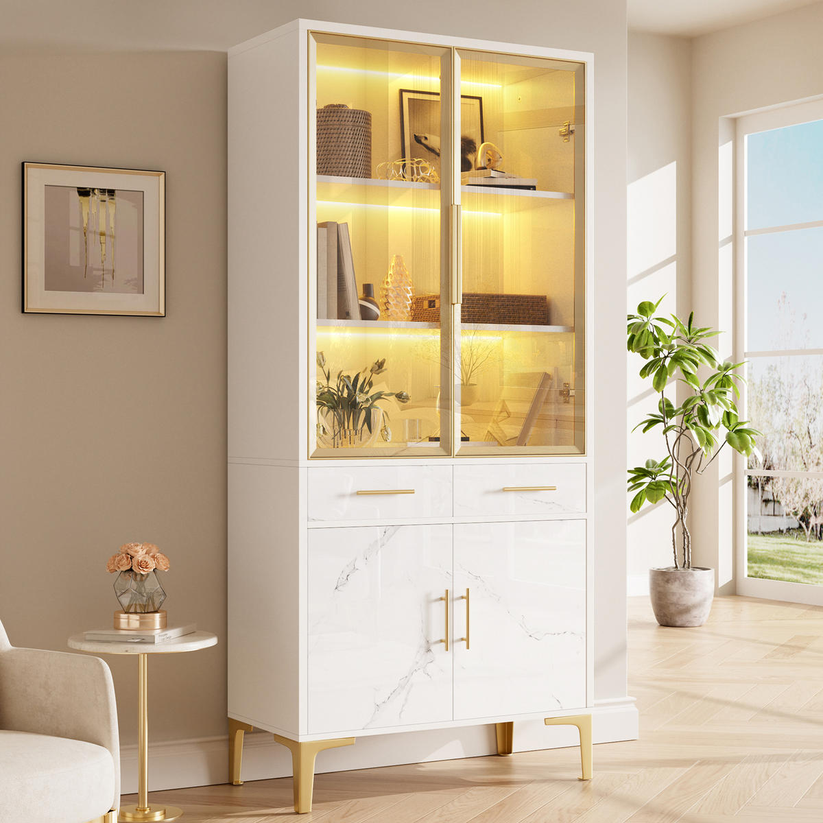 VITRINE mit Glastüren, LED und 2 Schubladen - Weiß, Holzwerkstoff (75/170/38cm) - FLIEKS