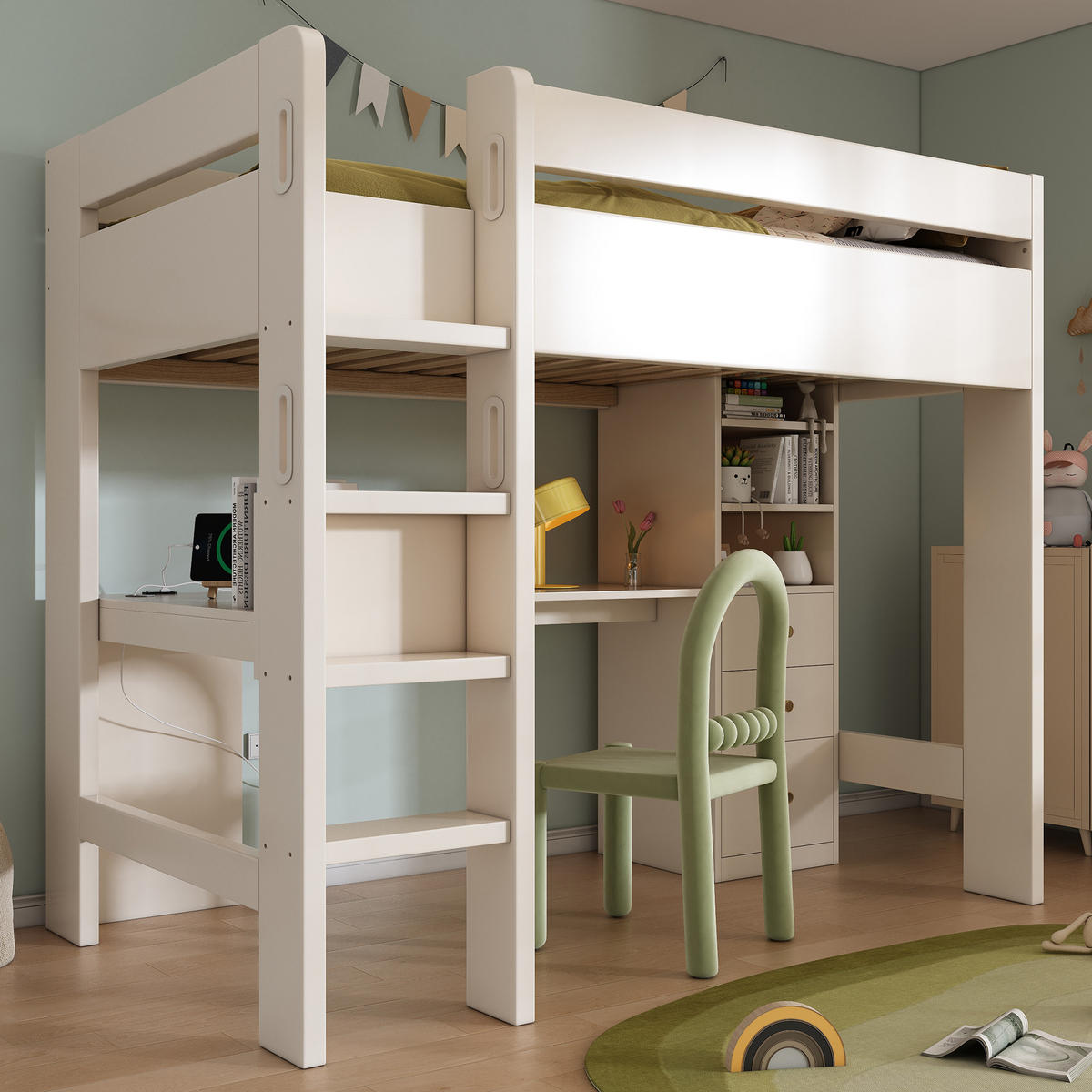 KINDEREINZELBETTEN aus Holz 90x200 cm in Weiß mit Schreibtisch & USB/Type-C-Ladefunktion - Weiß, Holz (90/200cm) - Modfu