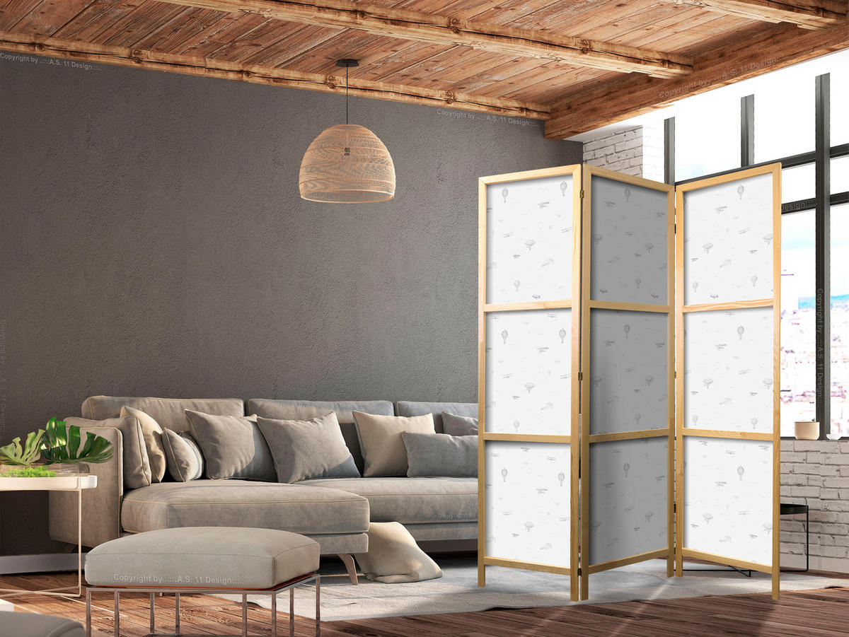 PARAVENT Japanischer 3-tlg 135x172 cm Luftballons Luftschiffe Flugzeuge - Weiß, Holz/Textil (135/172/3cm) - Muralo