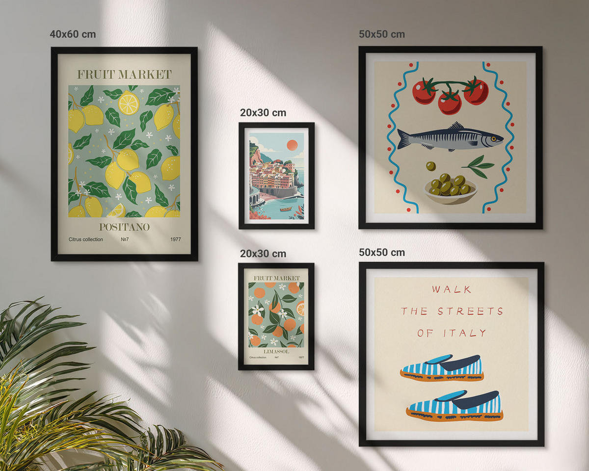 WANDBILDER 5er-Set - 50x50 cm & 20x30 cm & 40x60 cm Schwarzer Rahmen - Italienische Poster mit Fruchtmotiven - Schwarz, Kunststoff (40/60cm) - ArtPrintCave