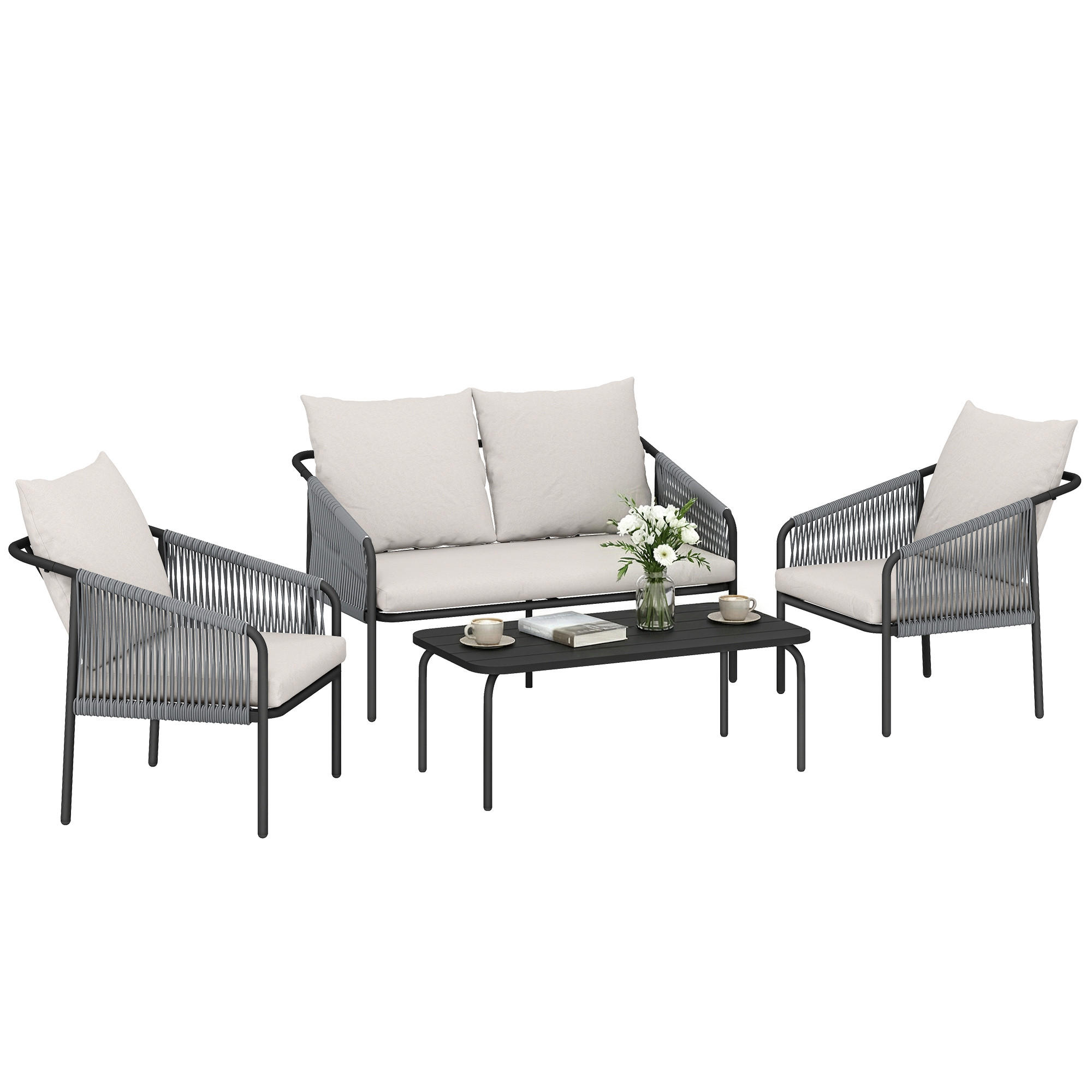GARTENMÖBEL-SET 4-teilig DE-06759 mit Zweisitzer & Couchtisch - Taupe, Kunststoff/Metall - ComfortXL