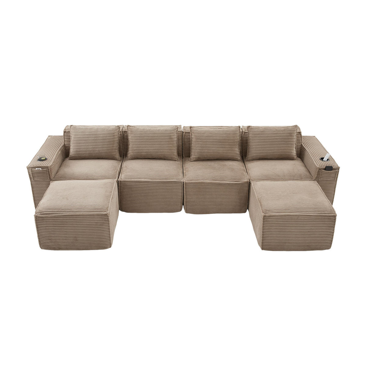 WOHNLANDSCHAFT 330/162/75 cm Khaki mit 2 Fußhocker, Getränkehalter und Seitentaschen - Sandfarben, Textil (330/75/162cm) - Oxeza