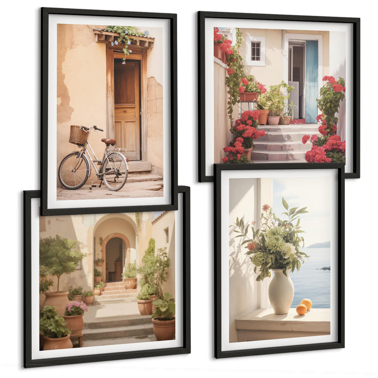BILDER SET 4er Set - 50x50 cm & 40x60 cm Schwarzer Rahmen - Charmante Küstenstraßen - Schwarz, Kunststoff (50/50cm) - TULUP