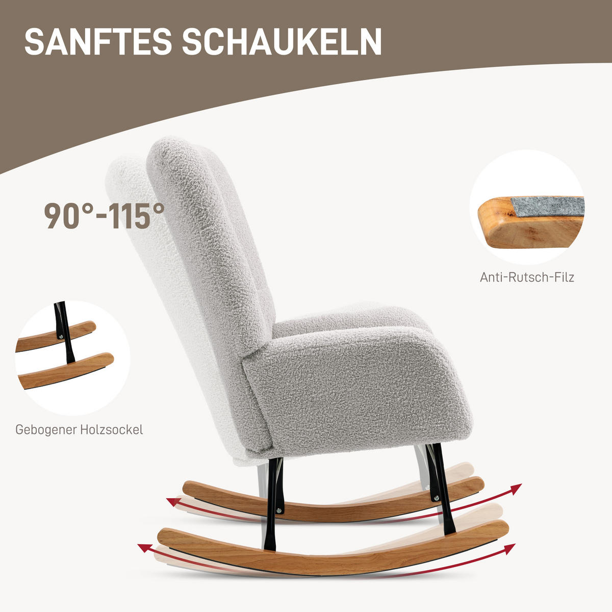 SCHAUKELSTUHL, Schaukelsessel mit Armlehne, Teddysamt-Optik, Hellgrau - Hellgrau/Naturfarben, Holz/Textil (70/100/94cm) - HOMCOM
