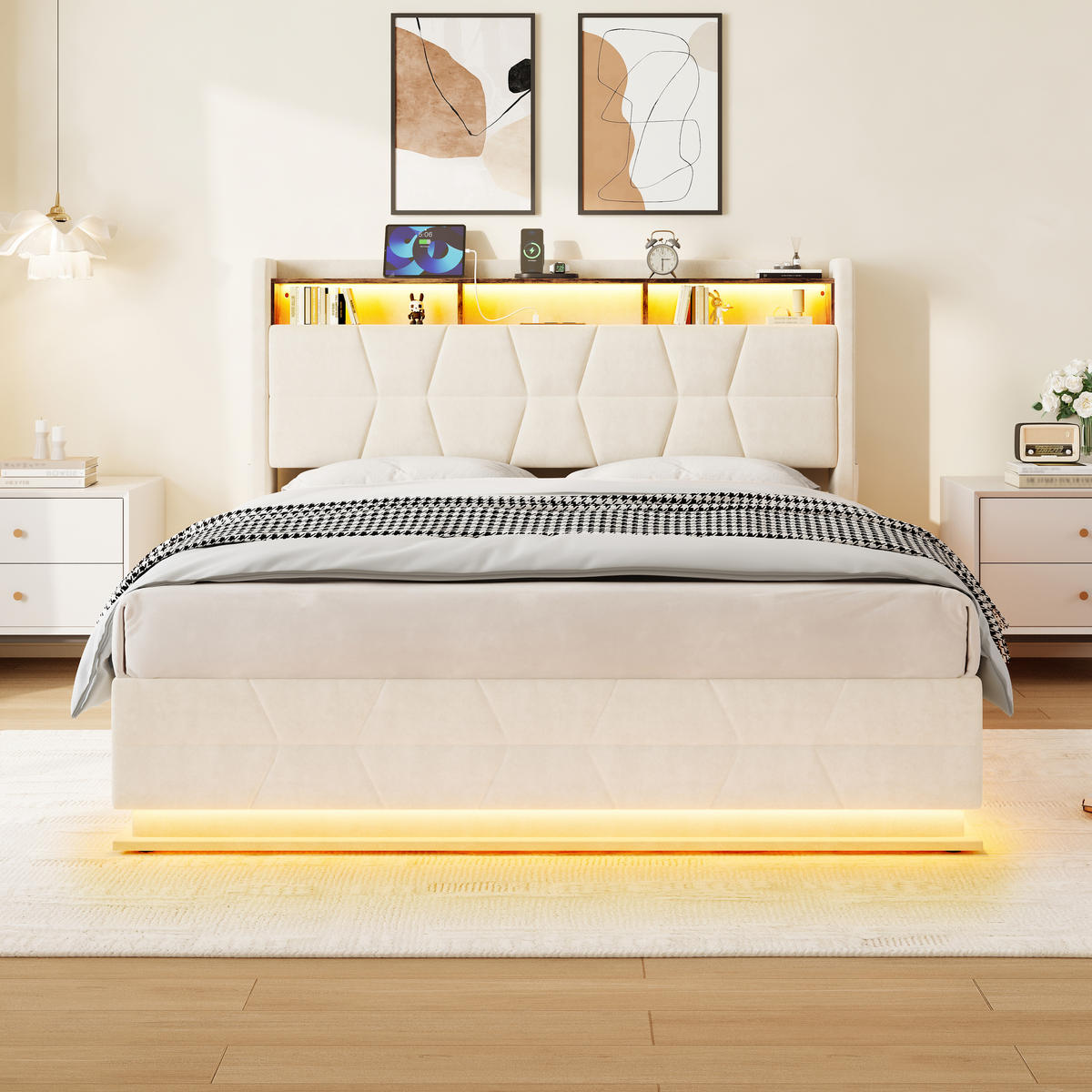 POLSTERBETT aus Samt 140x200 cm in Beige mit LED & USB/Type-C - Beige, Textil (140/200cm) - Modfu