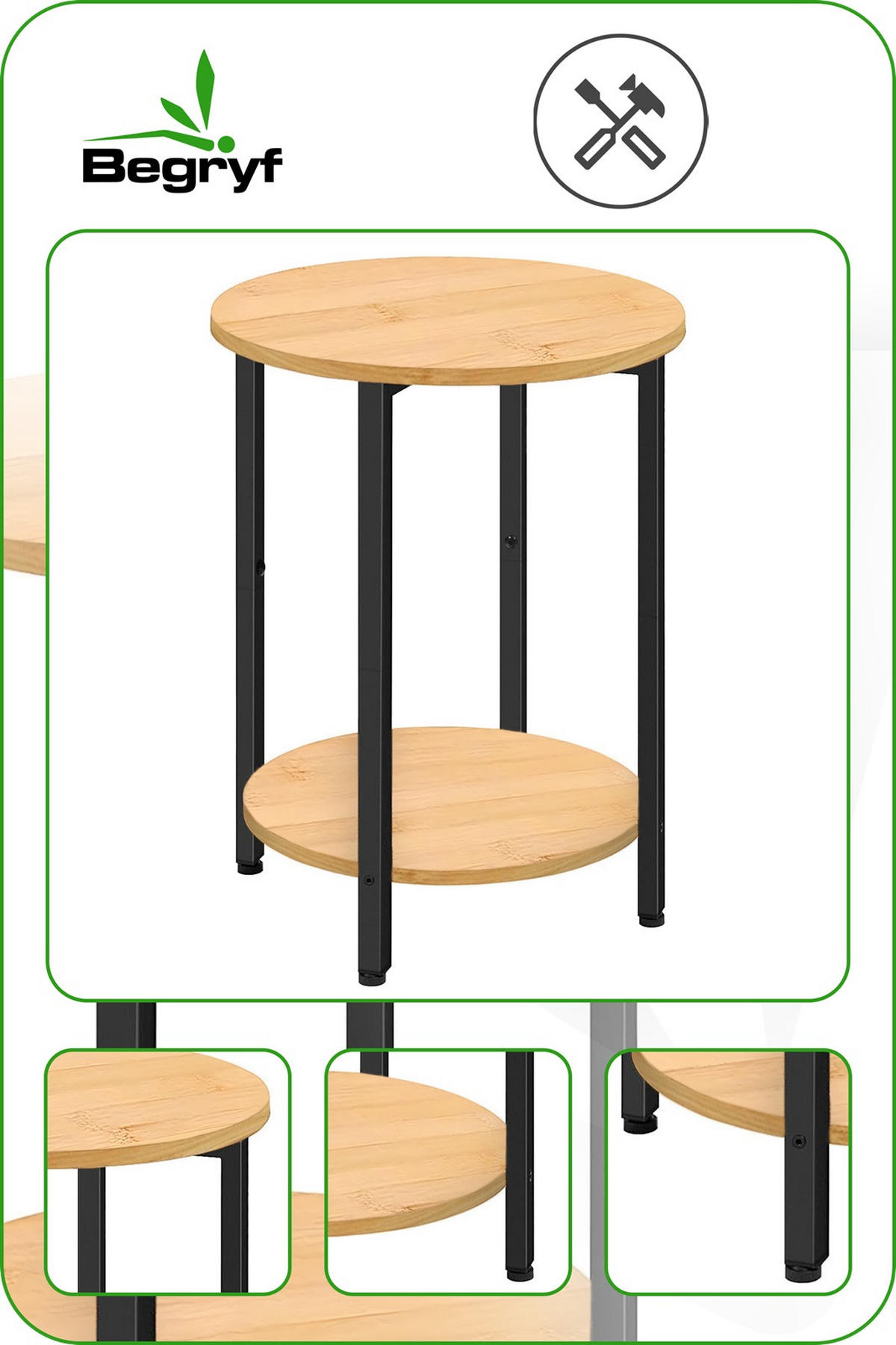 BEISTELLTISCH Bambus Metall Naturfarben Schwarz rund 45×62×40 cm - Schwarz/Naturfarben, Holzwerkstoff/Metall (45/45/62cm) - Begryf