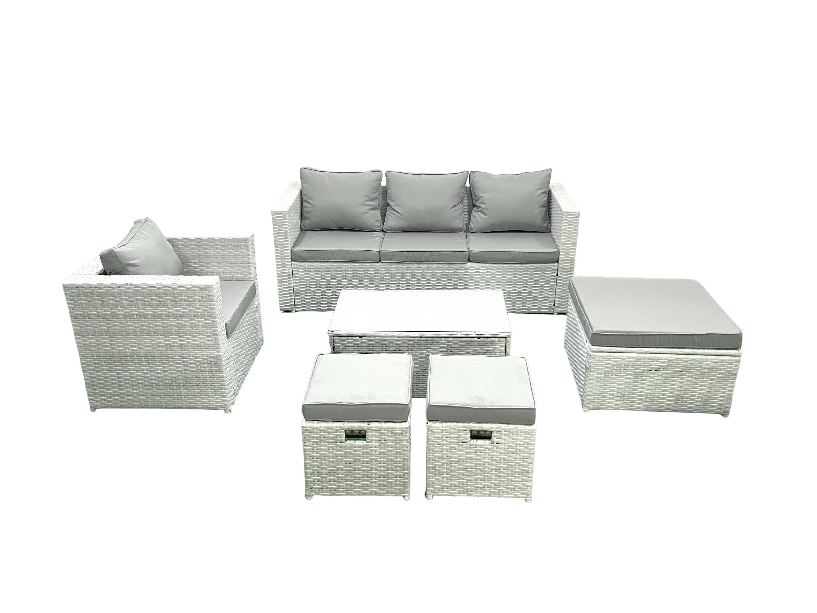 GARTENMÖBELSET mit 3-SITZER SOFA,COUCHTISCH Polyrattan Hellgrau-Mix 7-Sitzer - Hellgrau/Grau, Glas/Kunststoff - Fimous