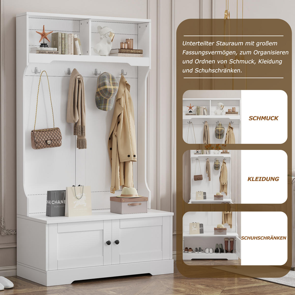 GARDEROBE, 4 Haken, Stauraum, 2 Fächer, Weiß - Weiß, Holzwerkstoff (47/183/101.5cm) - FLIEKS