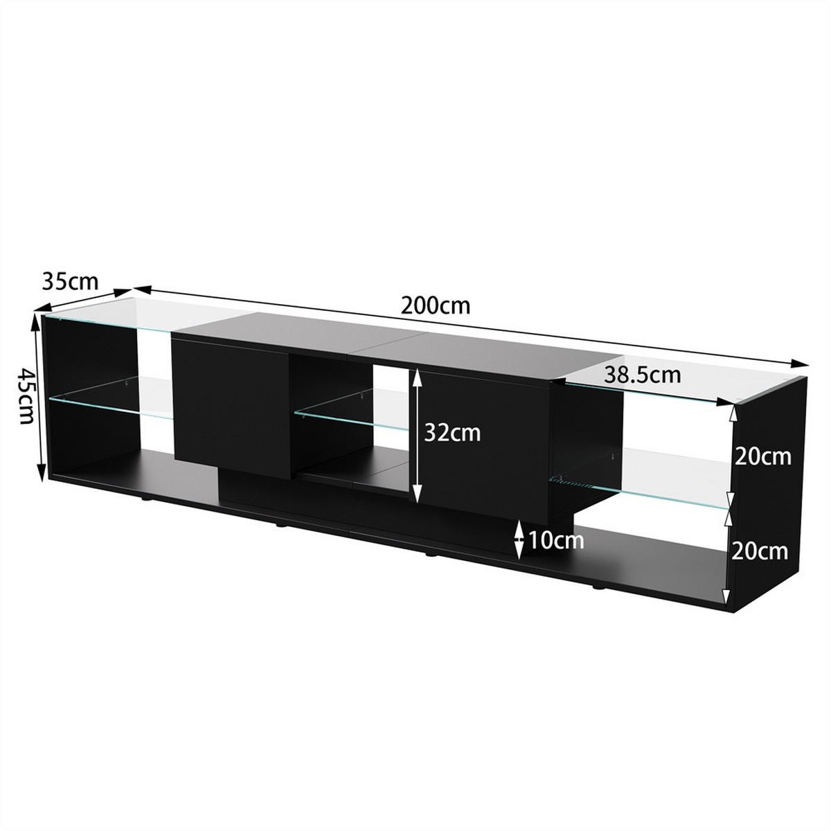 TV-LOWBOARD 200 cm - mit LED-Beleuchtung und Glasablage - Hochglanz Schwarz - Schwarz, Holzwerkstoff (35/45/200cm) - DELFA