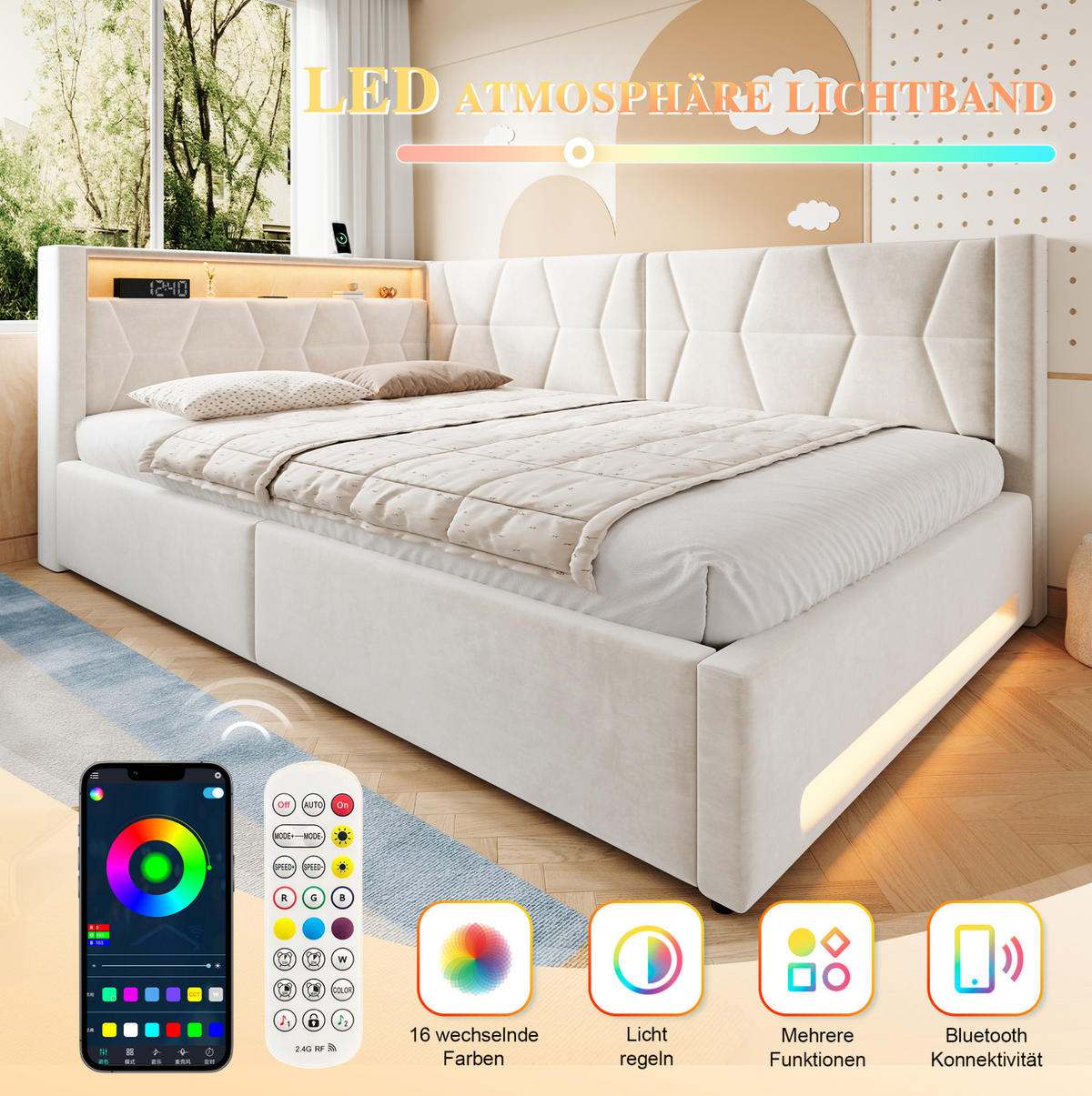 POLSTERBETT 140x200 cm in Beige mit Bettkasten, LED-Beleuchtung, USB und Type-C - Beige, Metall (140/200cm) - IVMEU