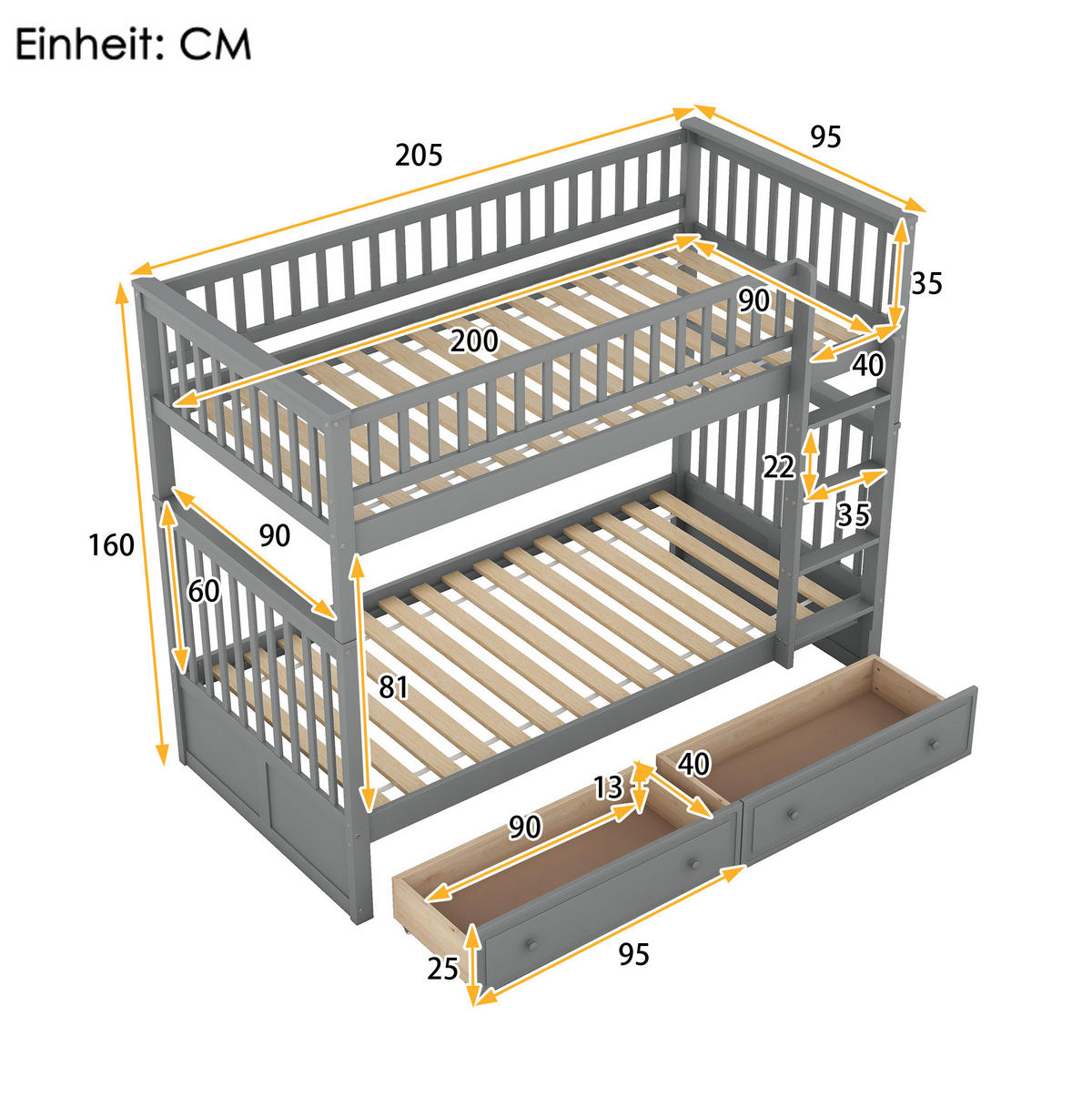 ETAGENBETT 90/200 cm aus Kiefer mit 2 Schubladen und Umbaufunktion Grau - Grau, Holz (90/200cm) - Modenvie
