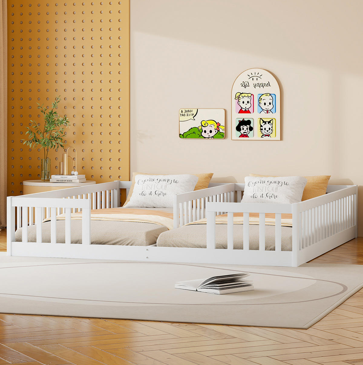 KINDERBETT aus Kiefernholz und MDF 90x200 cm Weiß mit Lattenrost und Sicherheitsgitter für 2 Kinder - Weiß, Holz (90/200cm) - Modfu